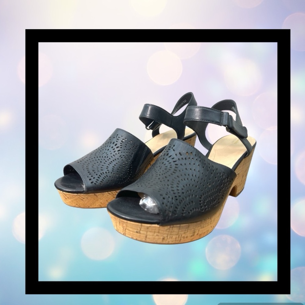 WEDGE SANDALS BY CLARKS. BLACK PERFORATED LEATHER•NEW (NO BOX)•A TRUE SIZE US 11